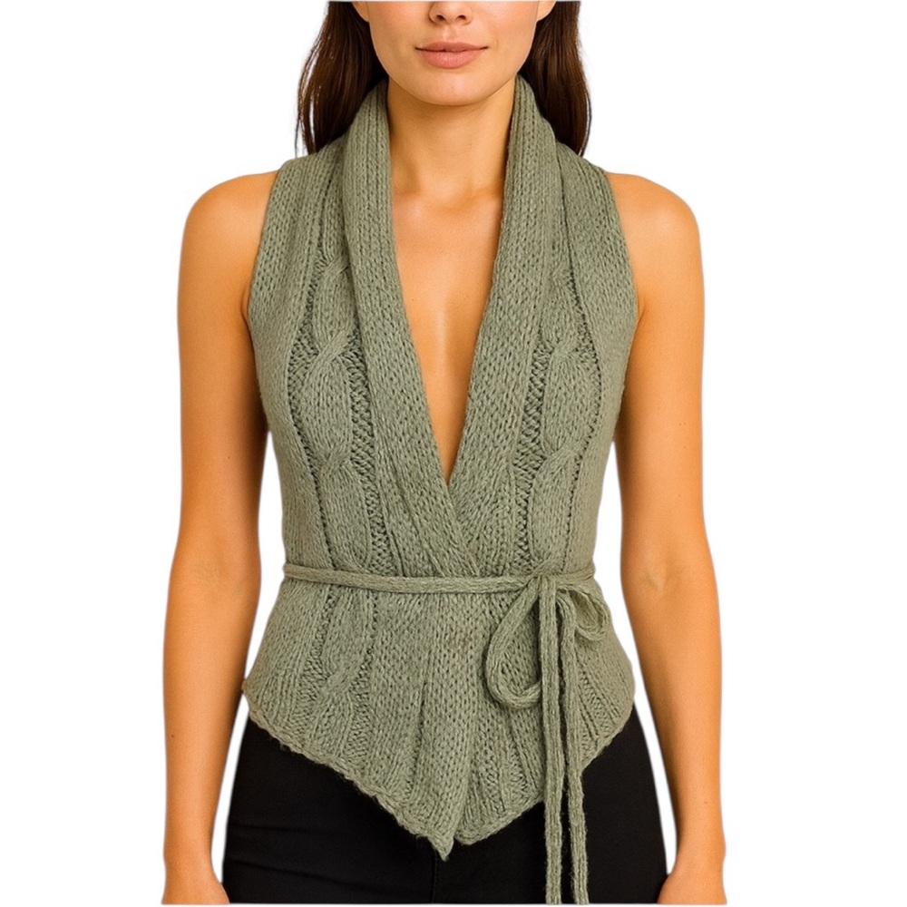 Gem Fox Grey Green Hand Knit Sweater Vest XS
